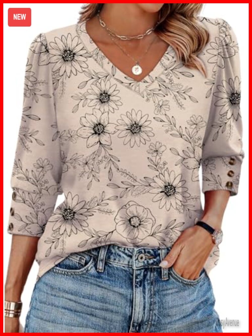 Women's 3/4 Sleeve Blouse with Buttons V-Neck Casual Tunic Top Summer Fall